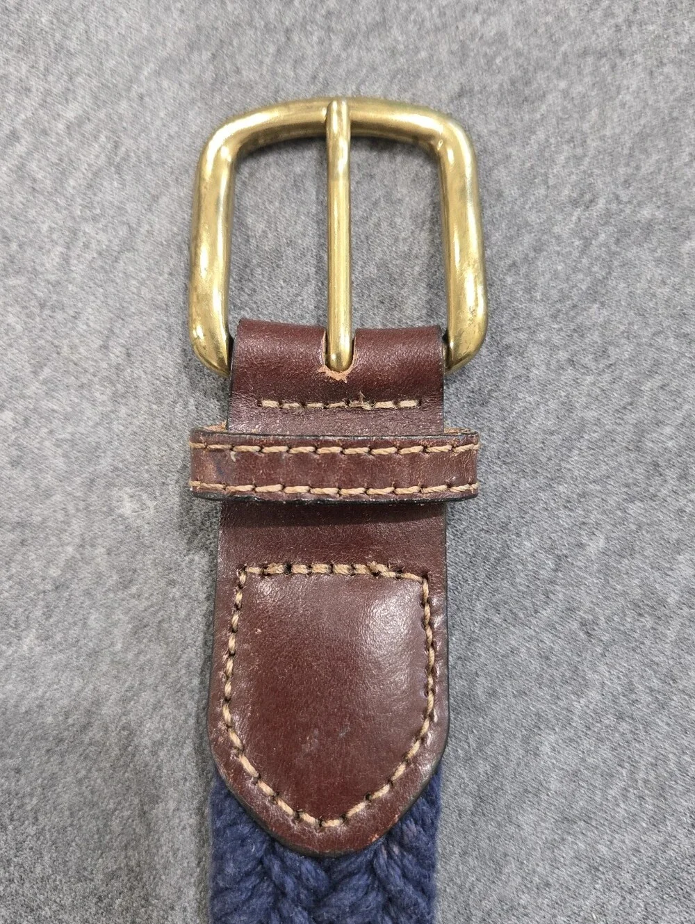 Mens Woven Belt Navy Blue Size 34-36 Leather Ends Solid Brass Buckle Made In USA